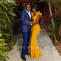 2022 South African Gold Mermaid Prom Dresses V Neck Ruffles Satin Long Formal Gowns Maxi Black Women Prom Dress