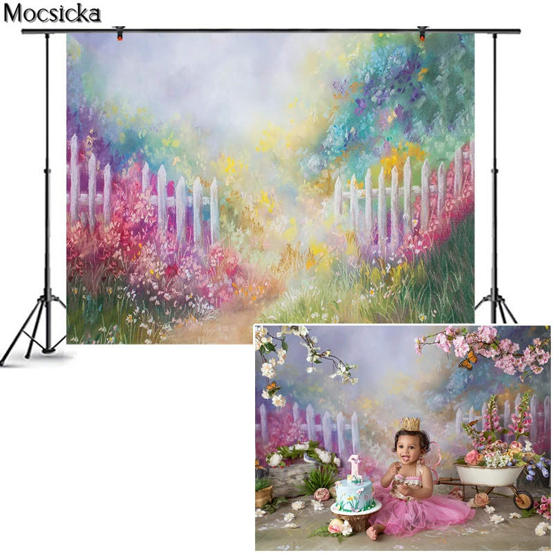 

White Fence Pink Flowers Background for Photography Girl 1st Birthday Backdrop Children Photographic Backdrops For Photo Studio