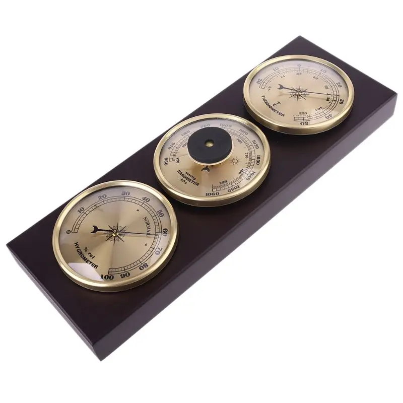 3Pcs/Set Barometer Hygrometer Thermometer Weather Station with Wooden Frame Base Ornaments 31cm x 11cm