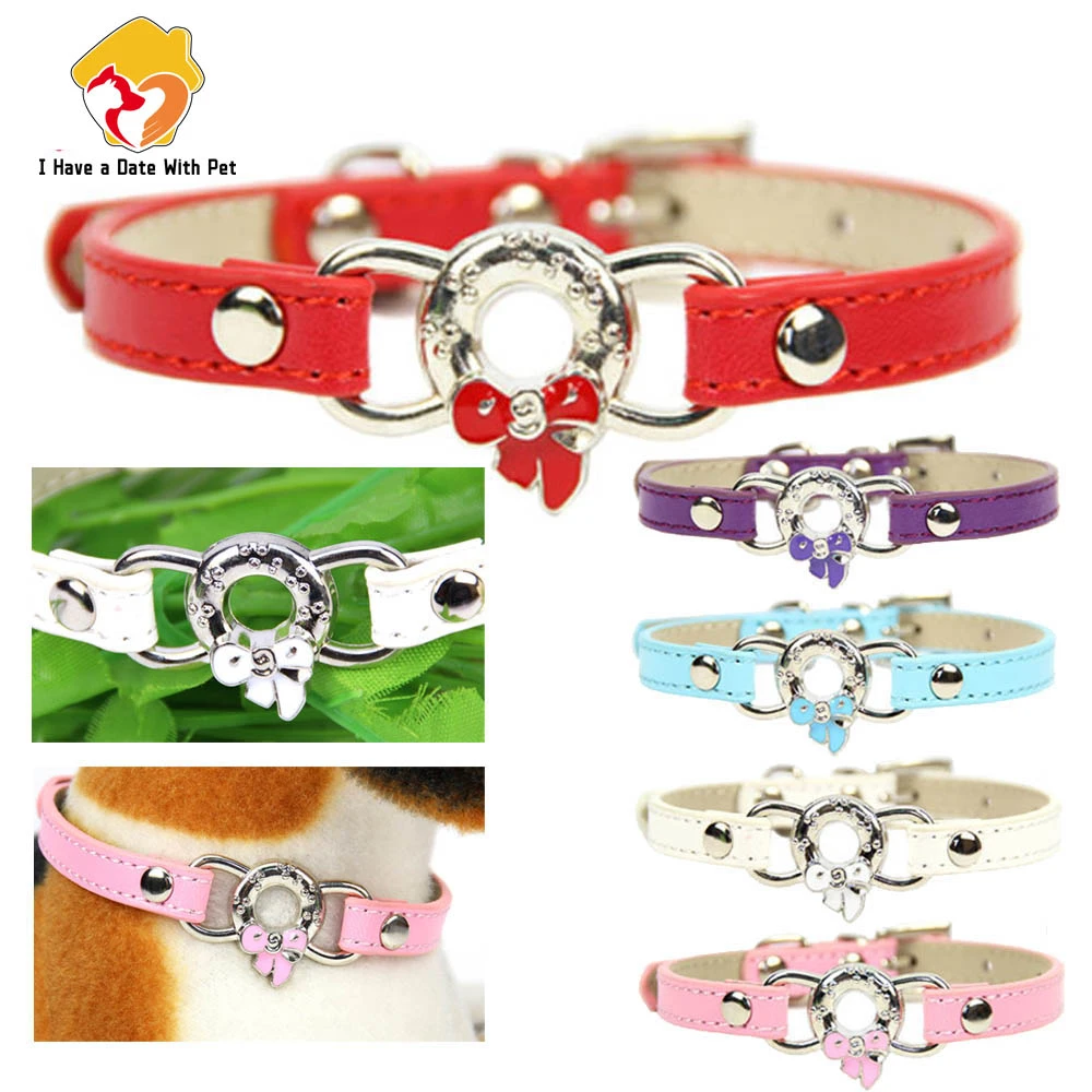 Personalized Leather Small Dog Collar Cute Bow pattern decoration Puppy Strap Cat Necklace Kitten Collars Dog Dccessorie XXS/XS