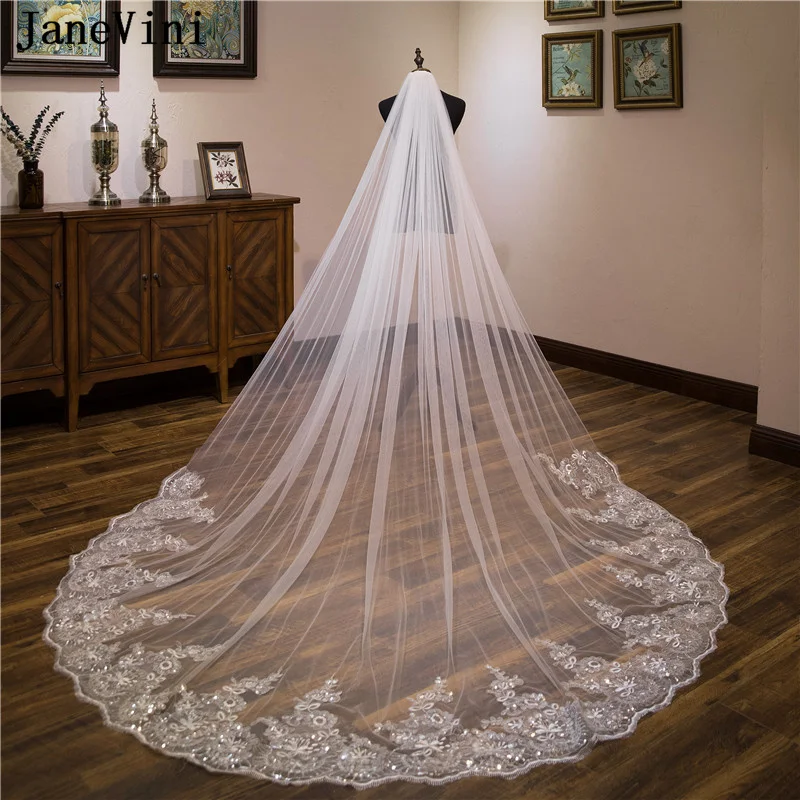 

JaneVini 2021 Sequined Lace Appliqued Bridal Wedding Veils with Comb One Layer 3 Meters Long Cathedral Bride Veil Accessories