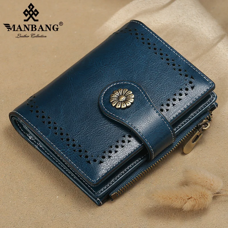 ManBang 2022 New Small Women Wallet Genuine Leather Bifold Purse with ID Window Women Leather Wallet Coin Purse high quality