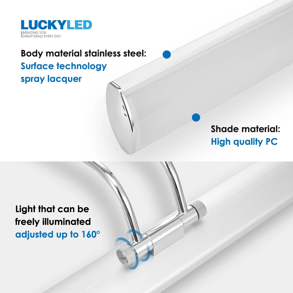 LUCKYLED Led Mirror Light Wall Lamp Bathroom 12W 42cm AC220V 110V Waterproof Wall Mounted Stainless Steel Vanity Light Fixtures
