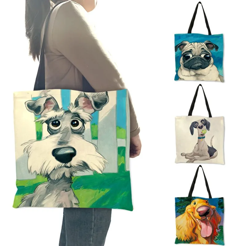 Personalized Dog Art Print Linen Tote Handbag Schnauzer Golden Retriever Women Fabric Tote Shopping Bag Student School Bags