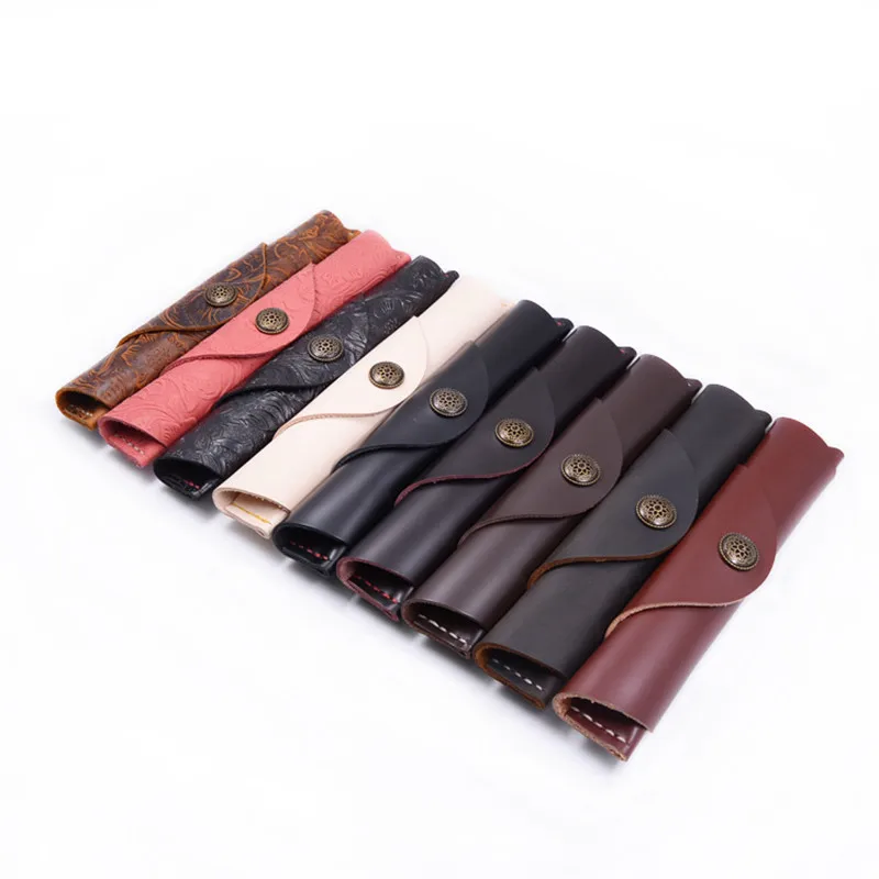 Genuine Leather School Pencil Case Roll Small Real Leather Pencilcase for Fountain Pen Bag Snap Button Cartridge Box Stationery