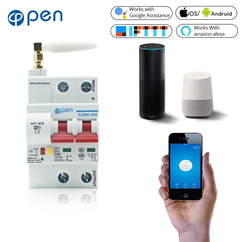 

open 2P Remote Control Wifi Circuit Breaker timing Switch compatible with Alexa and Google home for Smart home