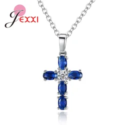 Big Discount Genuine 925 Sterling Silver Color Necklace With Shiny Blue CZ Crystal Cross Pendant Latest Style Wholesale/Retail