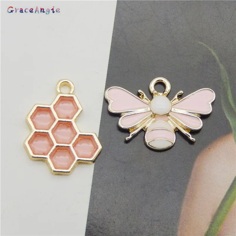 8pcs Fashion Animals charms Pink Alloy jewelry making Enamel Bees honeycomb Drop Earrings Pendant Handmade Accessories  Keychain