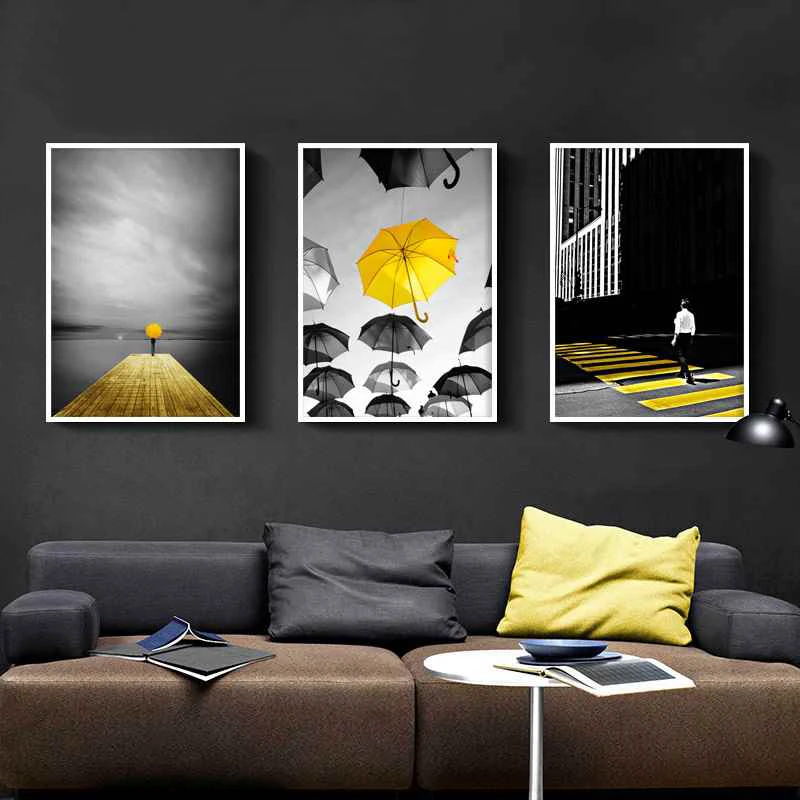 الشمال الحديثة الحد الأدنى قماش لوحات الأصفر والأسود مظلة رومانسية المشارك طباعة صور فنية للجدران غرفة المعيشة ديكور