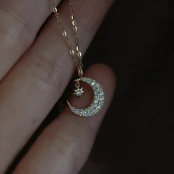 HI MAN 925 Sterling Silver Pavé Zircon Star Moon Pendant Necklace Women 14K Gold Plated Sweet Romantic Party Gift Jewelry