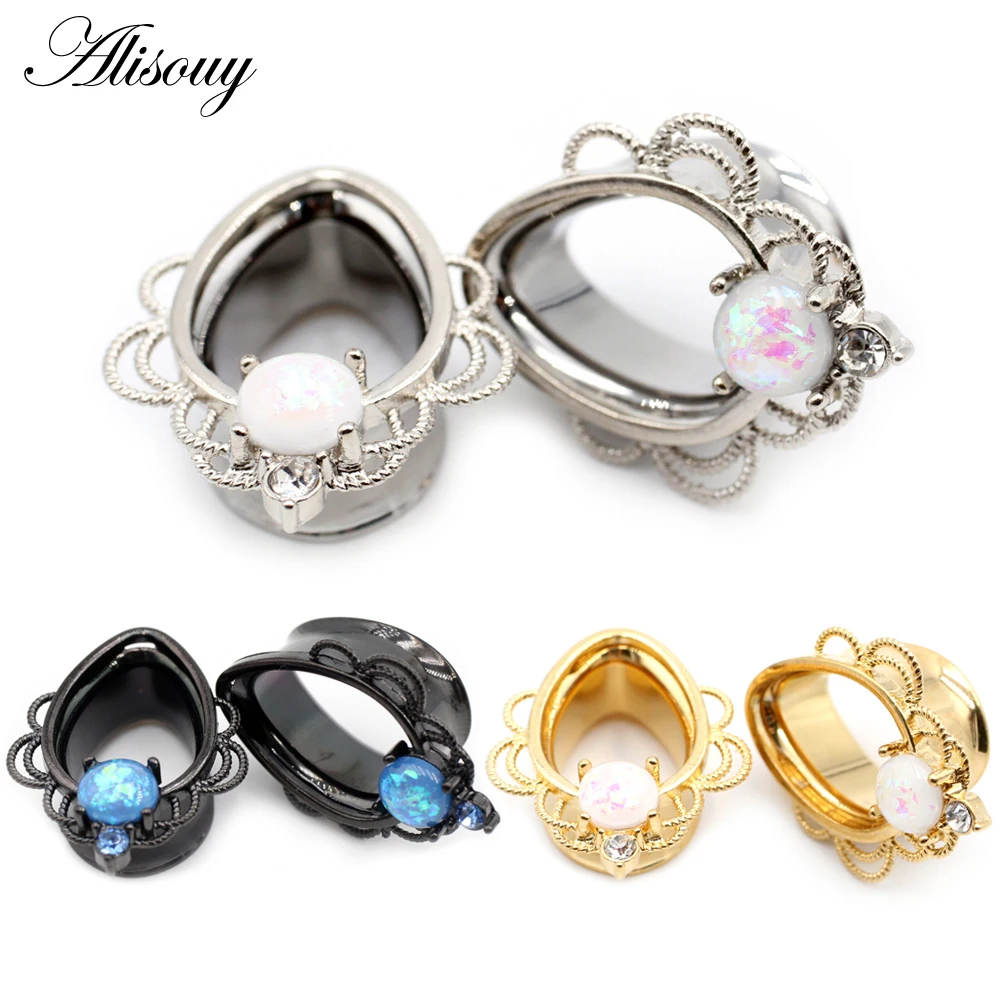 Alisouy 2pcs Punk Stainless Steel Water Drop Flower Opal Ear Tunnels Plugs Ear Expander Gauges Stretchers Body Piercing Jewelry