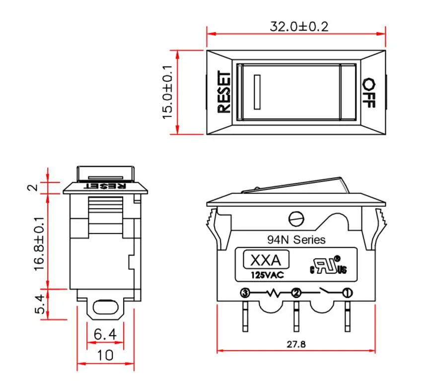 1Pcs Kuoyuh 94N Serie 15A Rode Lamp 220vac Reset Push Rocker Switch Stroomonderbreker