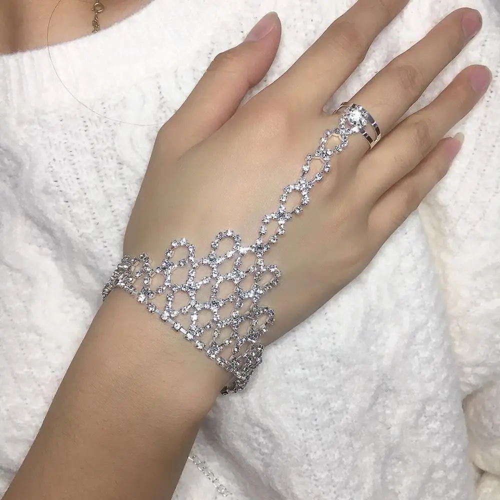 Fashion crystal round bracelet ring integrated chain Latin dance exquisite bracelet Rhinestone Bracelet statement ladies jewelry