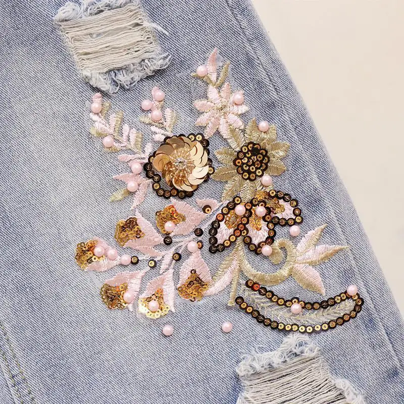 Summer Beading Women Sets Sequins Embroidery 3D Flower Short Sleeve T Shirt And Hole Jeans Skirt 2pcs Female Skirt Suits 3XL 692