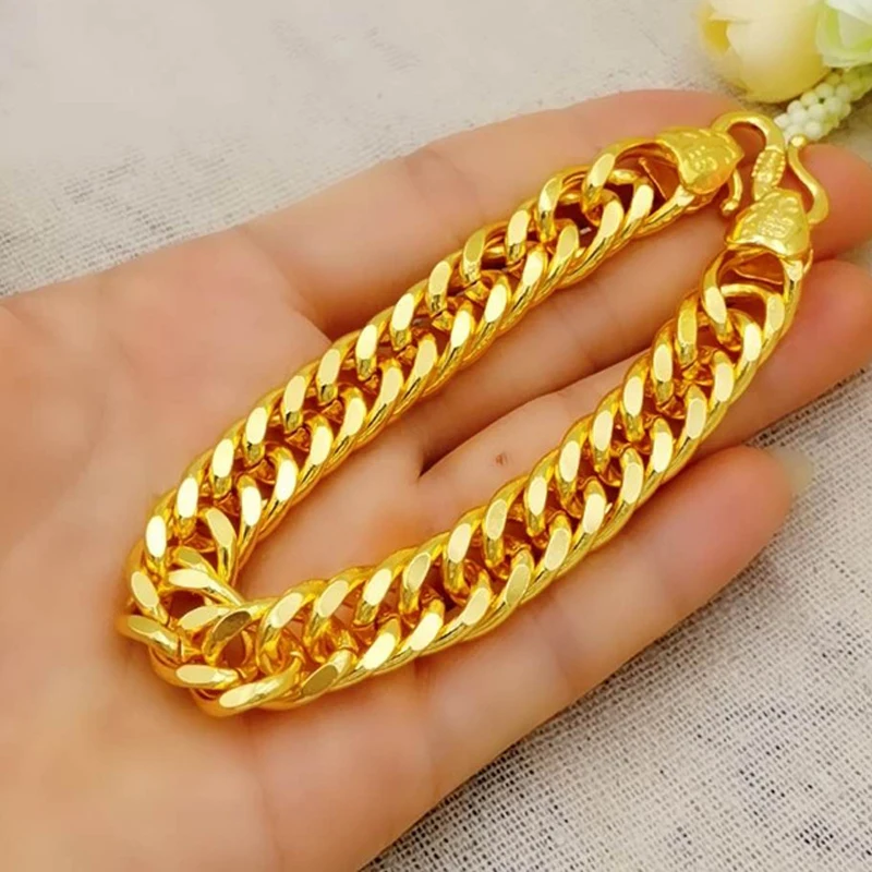 24k Gold GP 10MM /12mm Men\'s Link Chain Bracelet 20CM.Fashion Pure Gold Color Bangle Bracelets For Men Jewelry Drop Shipping