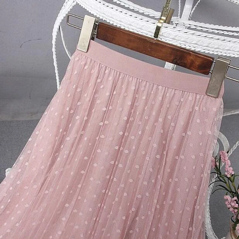 2023 Spring Elegant Lace Patchwork Mesh Midi Skirts Women Elastic waist Polka Dot print Pleated Skirt A Line Long Tulle Skirt