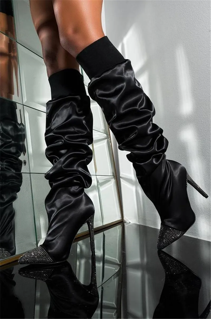 

New Fashion Crystal Pointed Toe Knee High Boots Women Pleated High Heel Slip On Slouchy Long Boots Winter Party Shoes Women 2020