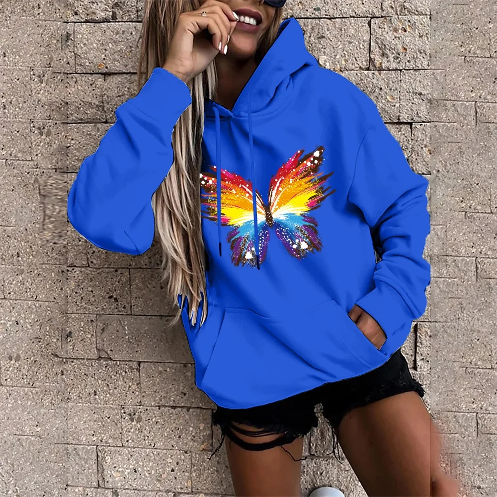 Women's Hoodie Harajuku Oversized Loose Hoodie Fashion Long Sleeve Pullover Butterfly Print Autumn and Winter Sweatshirt Tops