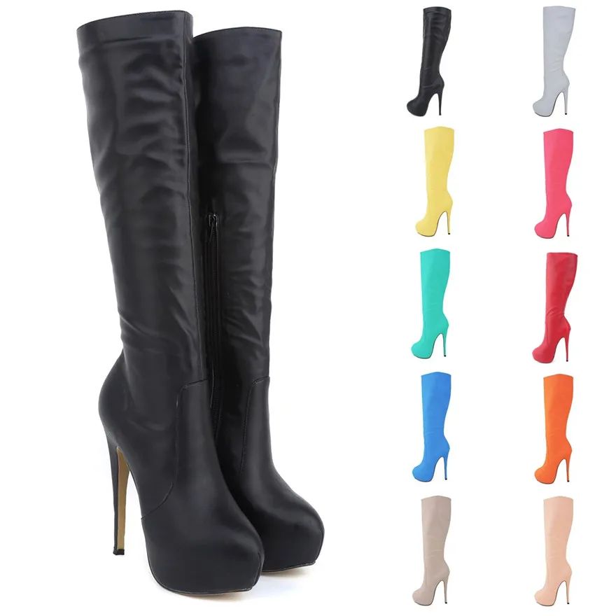 Big Size 35-42 Leather Fashion Ladies Long Boots Round Toe Black Sexy Over Knee Thigh High Boots Women Platform High Heels Shoes