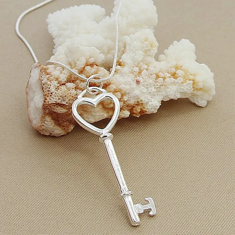 BABYLLNT New Trendy 925 Sterling Silver Necklace Heart Shaped Key Pendant Necklace for Women Men Anniversary Jewelry Party Gifts