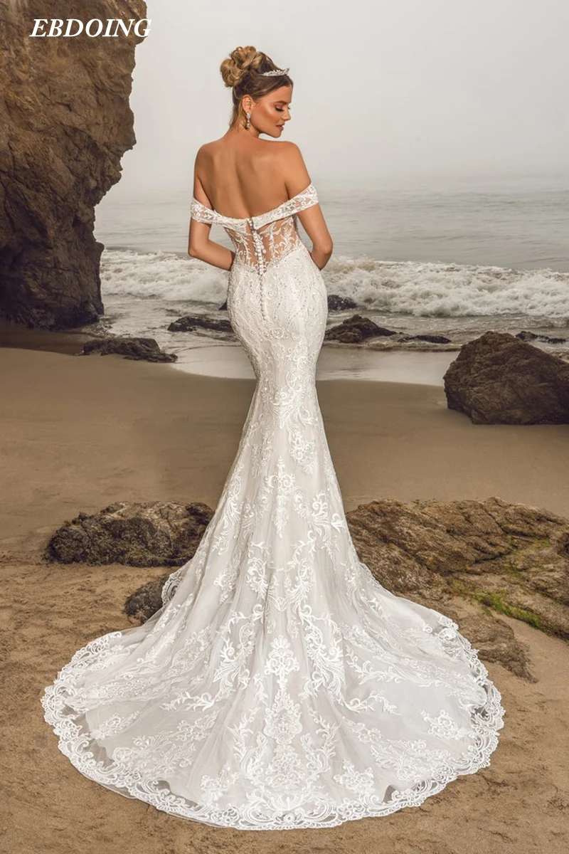 Vestido De Novia De sirena para Novia, escote en V profundo, IIIusion con apliques De encaje, hombros descubiertos, tallas grandes