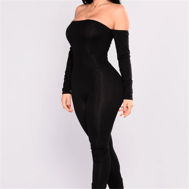 Vrouwen Jumpsuit Off Shoulder Clubwear Speelpakjes Dames Bodycon Party Jumpsuits Vrouwelijke Solid Slash Hals Rompertjes S-XL Zwart