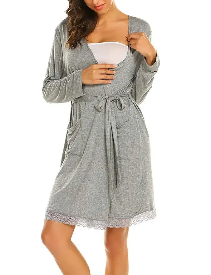 

Autumn Maternity Nightwear Women Pregnant Nusring Breastfeeding Solid lace Nightwear Dress With Pockets Maternity nursing pajama