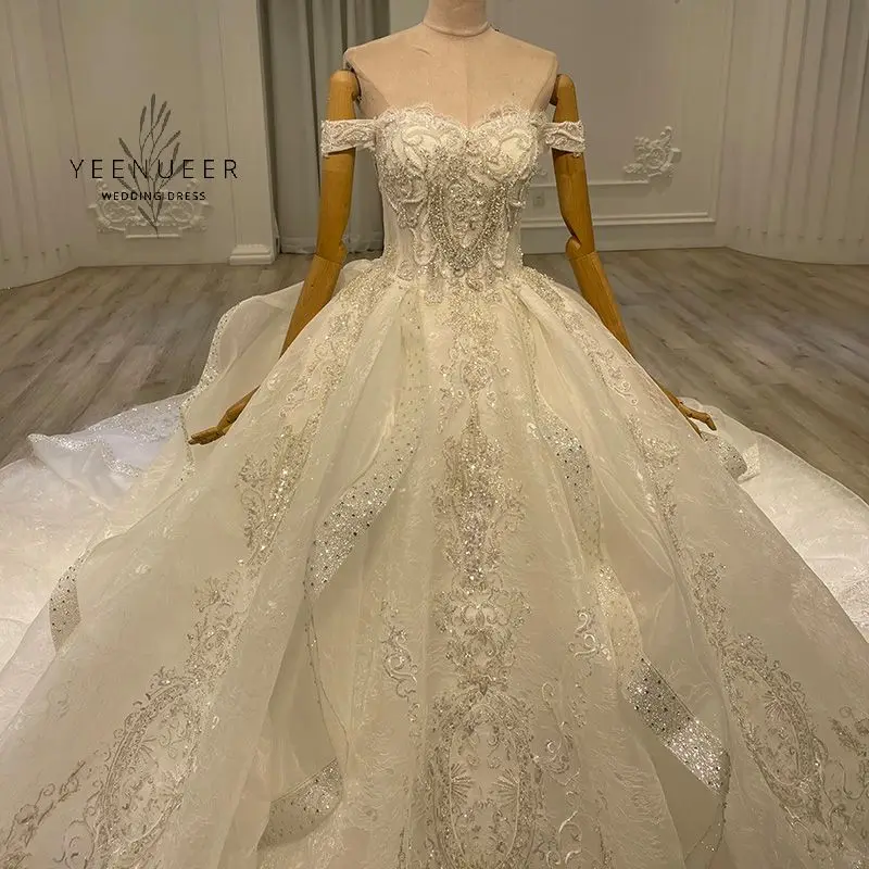 2022 new hot sale Long Train Sequined Lace Wedding dress luxury full beading Bridal Dress Real Work High Quality