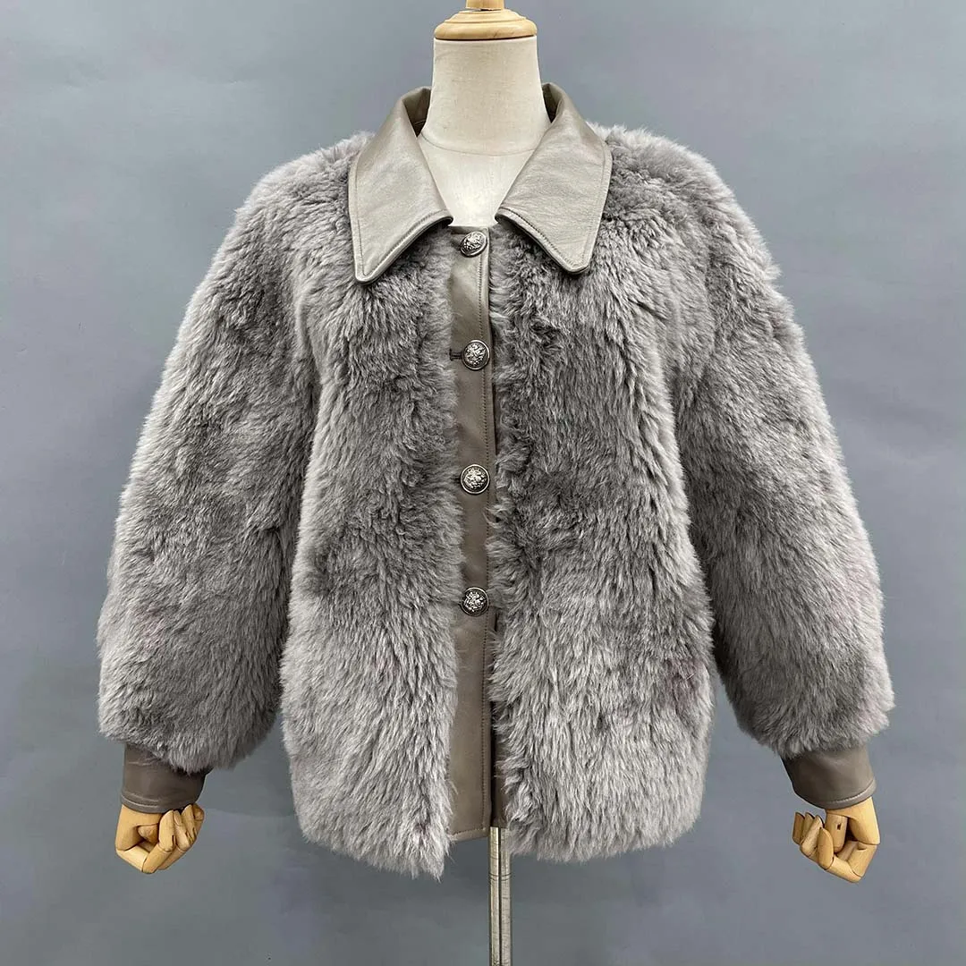 Abrigo de piel de lana auténtica para mujer, chaqueta suave de piel auténtica con cuello vuelto, 100%, Otoño e Invierno