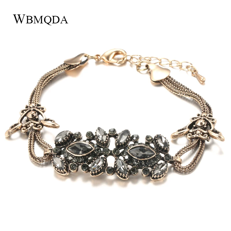 Wbmqda Charm Gray Crystal Bracelet for Women 585 Antique Gold Color Ethnic Wedding Vintage Jewelry Russia Accessories