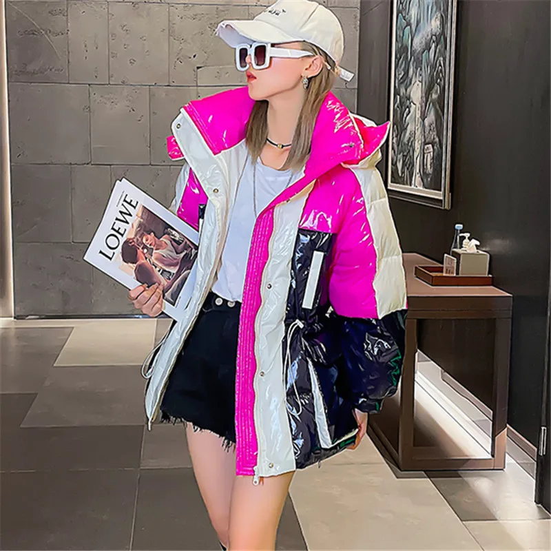 Patchwork Down Jackets Women Streetwear Loose Fashion Big Pocket Hooded Parkas Thick Warm Cotton Coat Female 2021 Winter Jacket