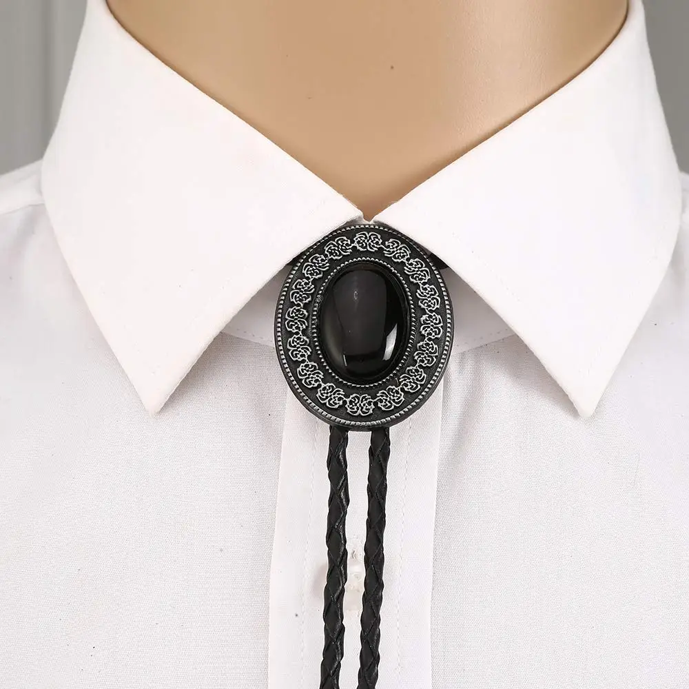 Nature stone silver flower bolo tie for man cowboy western cowgirl leather rope zinc alloy necktie