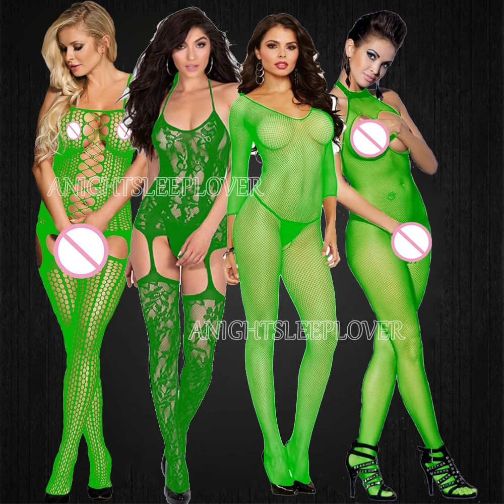 

Green Bodystockings Women Fishnet Bodysuit Open Crotch catsuit Mesh tights Lingerie Erotic Bodysuit Sleepwear Crotchless Teddies