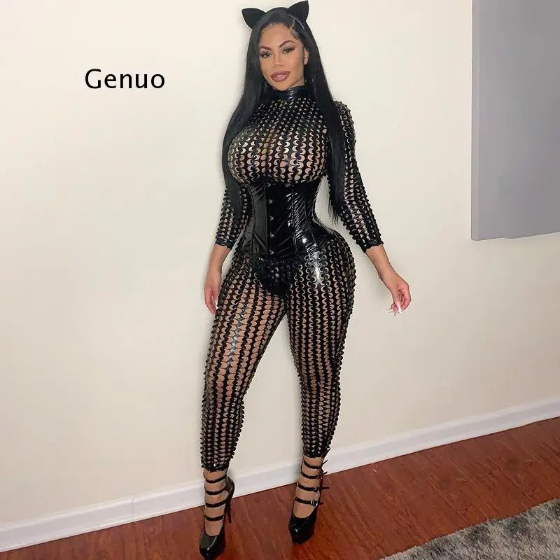 Hollow Out Long Sleeve Sexy Bodycon Jumpsuit Women Overalls Black Catsuit Jumpsuit Party Night Club Rompers Womens Jumpsuit Fall