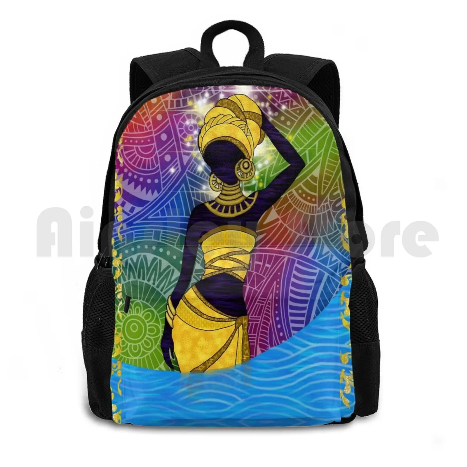 

Goddess Oshun Outdoor Hiking Backpack Waterproof Camping Travel Goddess Oshun Yaruba Orisha Love Sweet Water Water Rainbow Gold