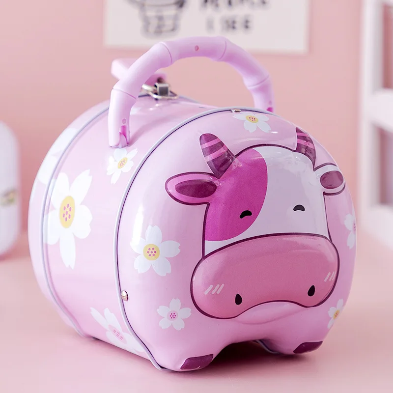 Cow Metal Coin Bank New Portable Tin Piggy Bank Children Cartoon Animal Money Box Financial Awareness Training Toy