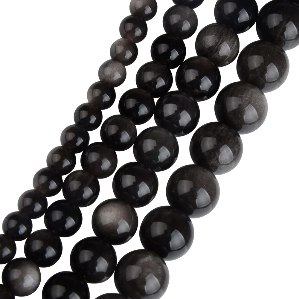 Natural Silver Color Obsidian Stone Round Beads 6 8 10 12mm Strand For Jewelry Making Spacer Loose Beads DIY Bracelet Necklace