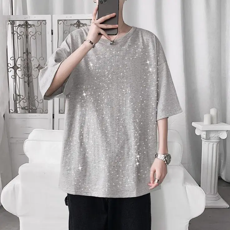 Fashion Mens Summer Stars Sequins T-shirts Short Sleeve Loose Fit 100% Cotton Harajuku Teens For Male