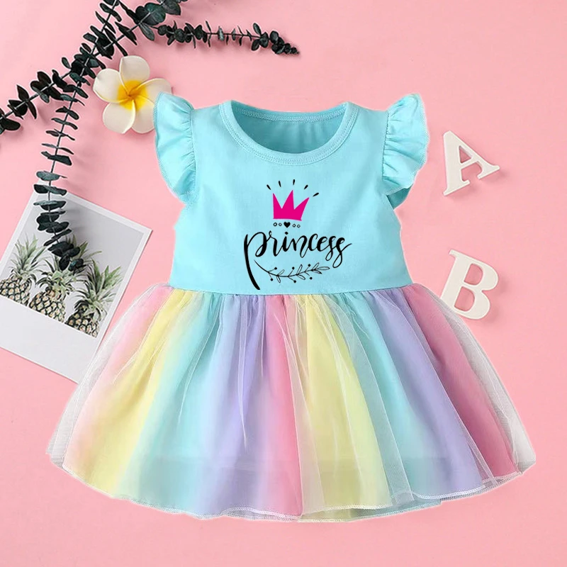 Princess Printed Cute Baby Girl Clothes Cotton Flying Sleeve Girls Rainbow Dresses Casual Toddler Vestidos Birthday Party Dress