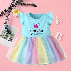 Princess Printed Cute Baby Girl Clothes Cotton Flying Sleeve Girls Rainbow Dresses Casual Toddler Vestidos Birthday Party Dress