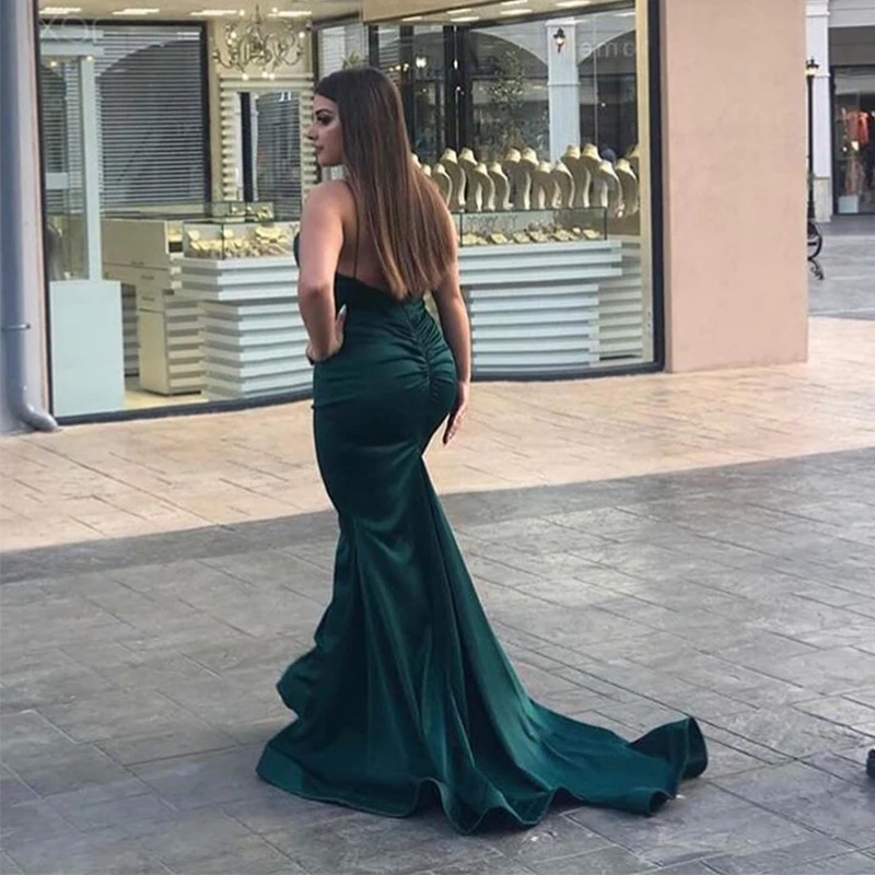 V-hals Plus Size Avondjurken Spaghettibandjes Mermaid Stijl Dark Green Formele Partij Jassen 2019 Avondjurk Sweep Trein