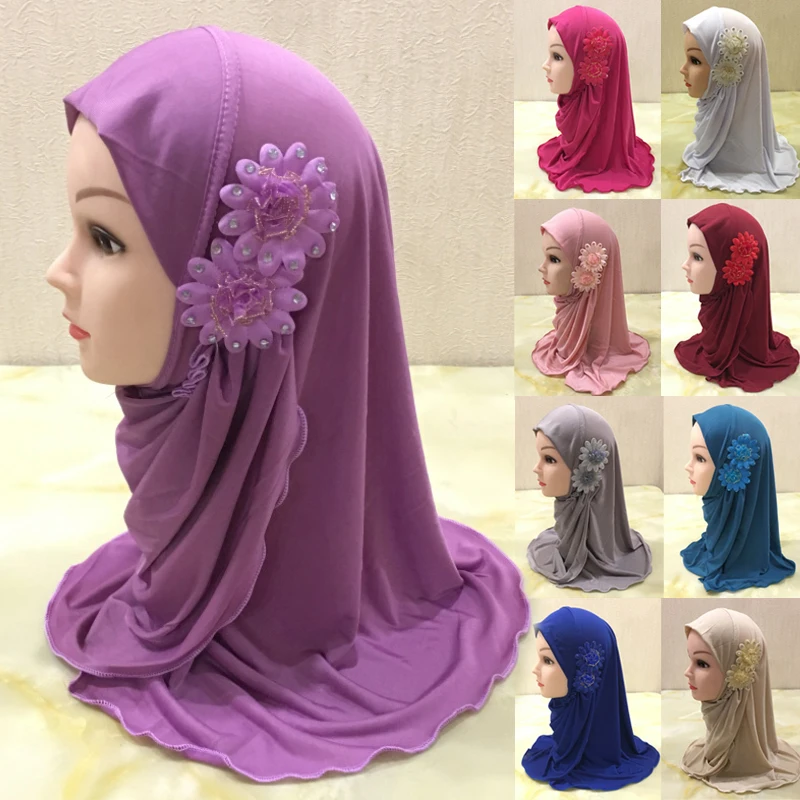 Beautiful Small Girl Hijab Scarf with Flowers Fit 2-7 Years Old Muslim Kids Pull On Islamic Scarf Shawl Headscarf Wholesale 50cm