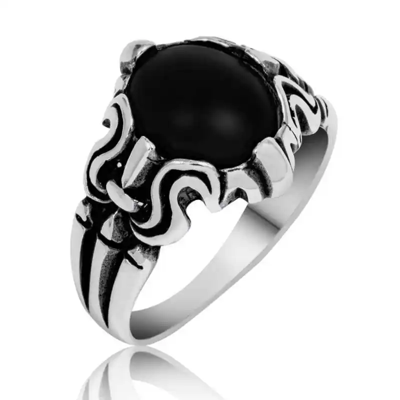 Silver Black Stone Men's Ring - 925 Sterling Men's Jewelry Wedding Birthday Gift - Box - Men - Fashion - Botiva - Size - Turkish - Patterned Embroidery