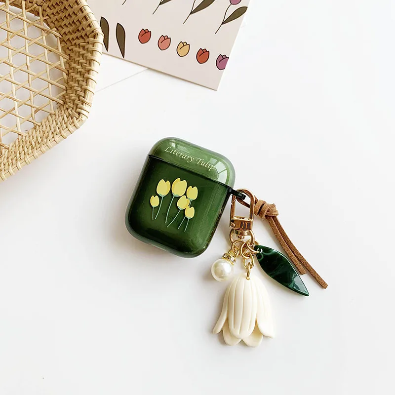 INS Retro Flower Pearl Keychain Decor For Apple Airpods 1 2 Pro 3 Case Green TPU Soft Bluetooth Earphone Cases Cover For Airpods