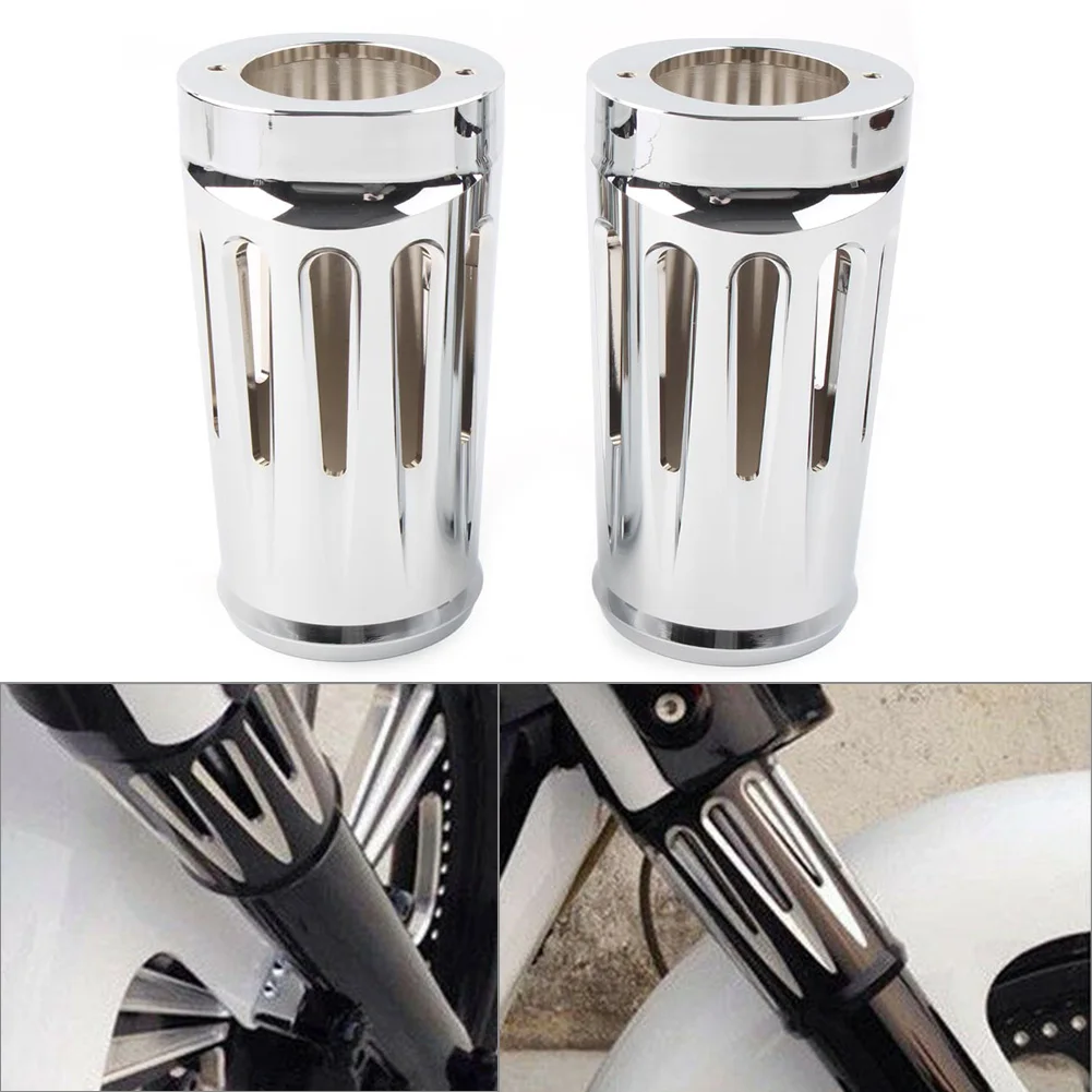 2Pcs Motorbike Fork Boot Slider Cover Cow Bell for Harley Touring Glide Trike 1986-2013 Chrome Aluminum Alloy