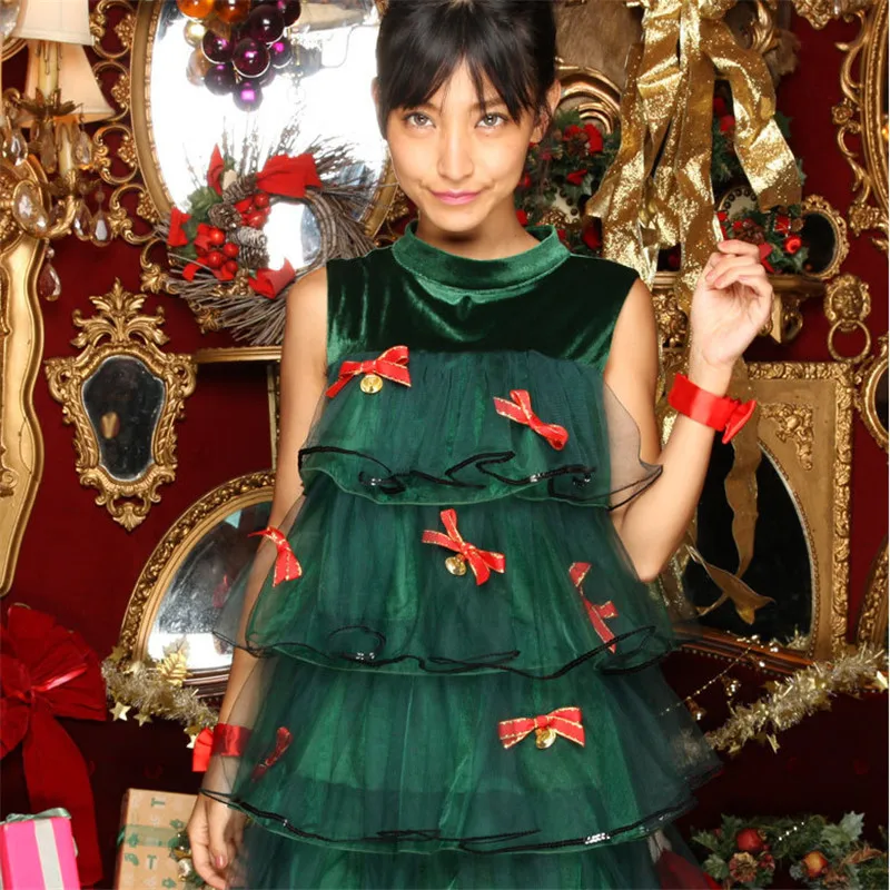 1 pçs/lote Natal Vestido Extravagante Traje Dança Festa Cosplay Adulto Mulheres Verde Vestido de Renda feminina vestido de árvore de natal (bom)