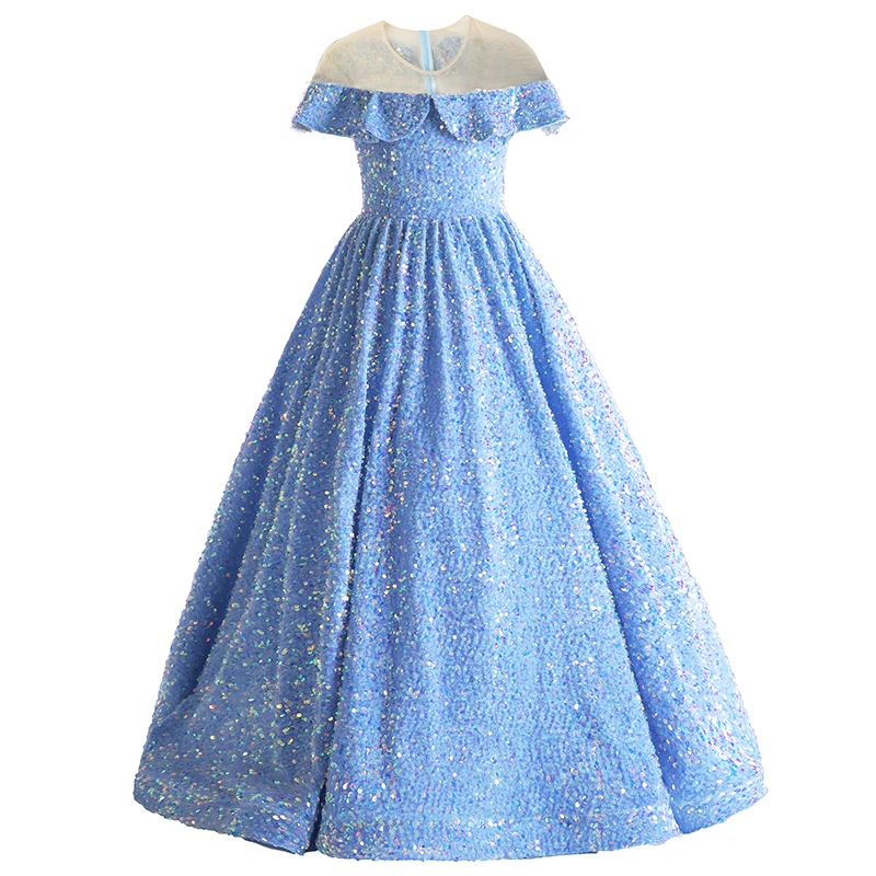 Fancy Light Sky Blue Flower Girls' Dresses Sheer Neckline Sparkling Shining Sequins Fabric Ball Gown Girls' Party Gowns