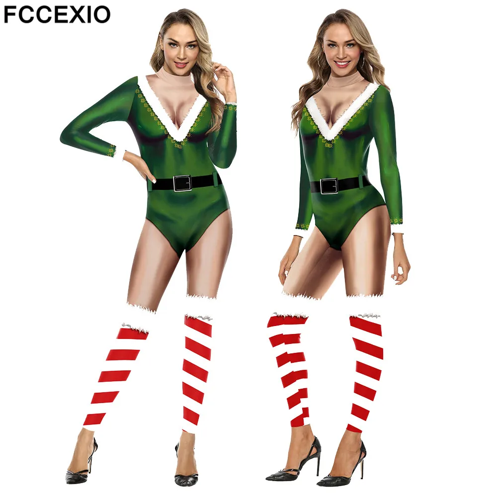 FCCEXIO 6 Style New Year Party Christmas 3D Print Women Jumpsuit Carnival Fancy Cosplay Costume Bodysuit Adults Outfits Xmas