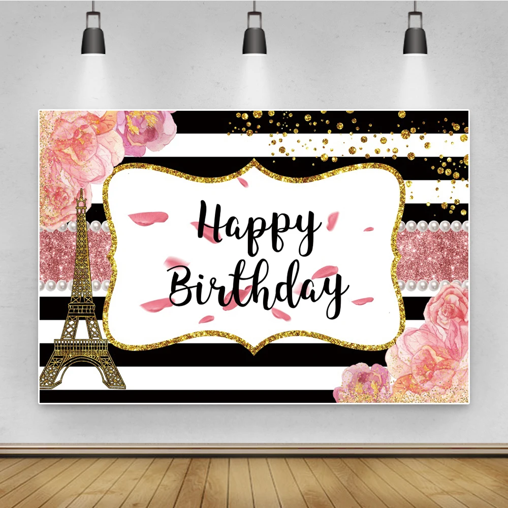 

Laeacco Pink Spring Flowers Happy Birthday Party Stripes Gold Dots Personalised Banner Photo Background Photo Backdrop Photocall