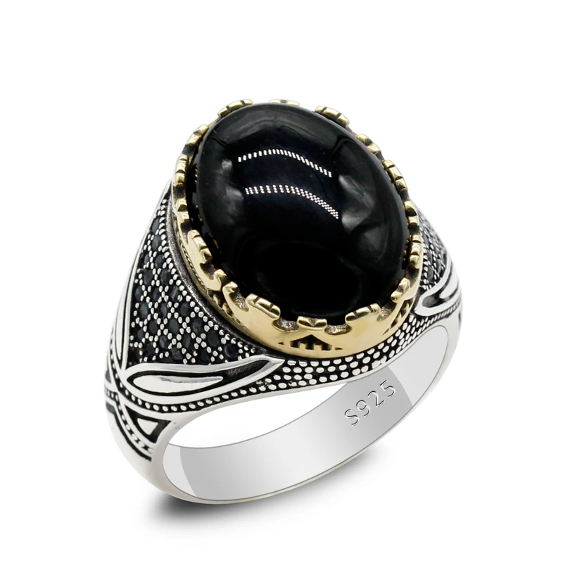 

New Sterling Silver 925 Ring Men and Women With Natural Agate Stone Turkish Handmade Trend Design Punk Exquisite Jewelry